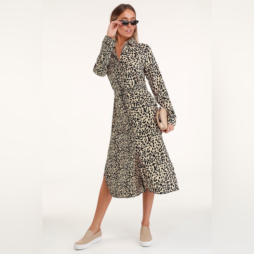 Honey Punch Lulus Leopard Print Midi Shirt Dress
